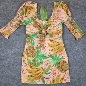 Farm Rio Dress‎ NWT Flaw pink mixed fruits mini smocked tropical linen blend XS
